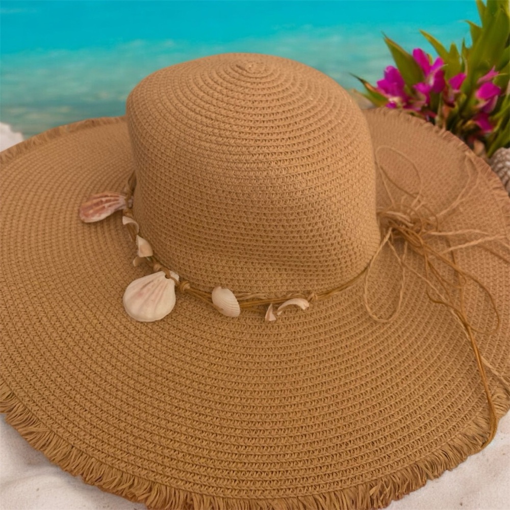 Beige Straw Sun Hat with Shell Accents
